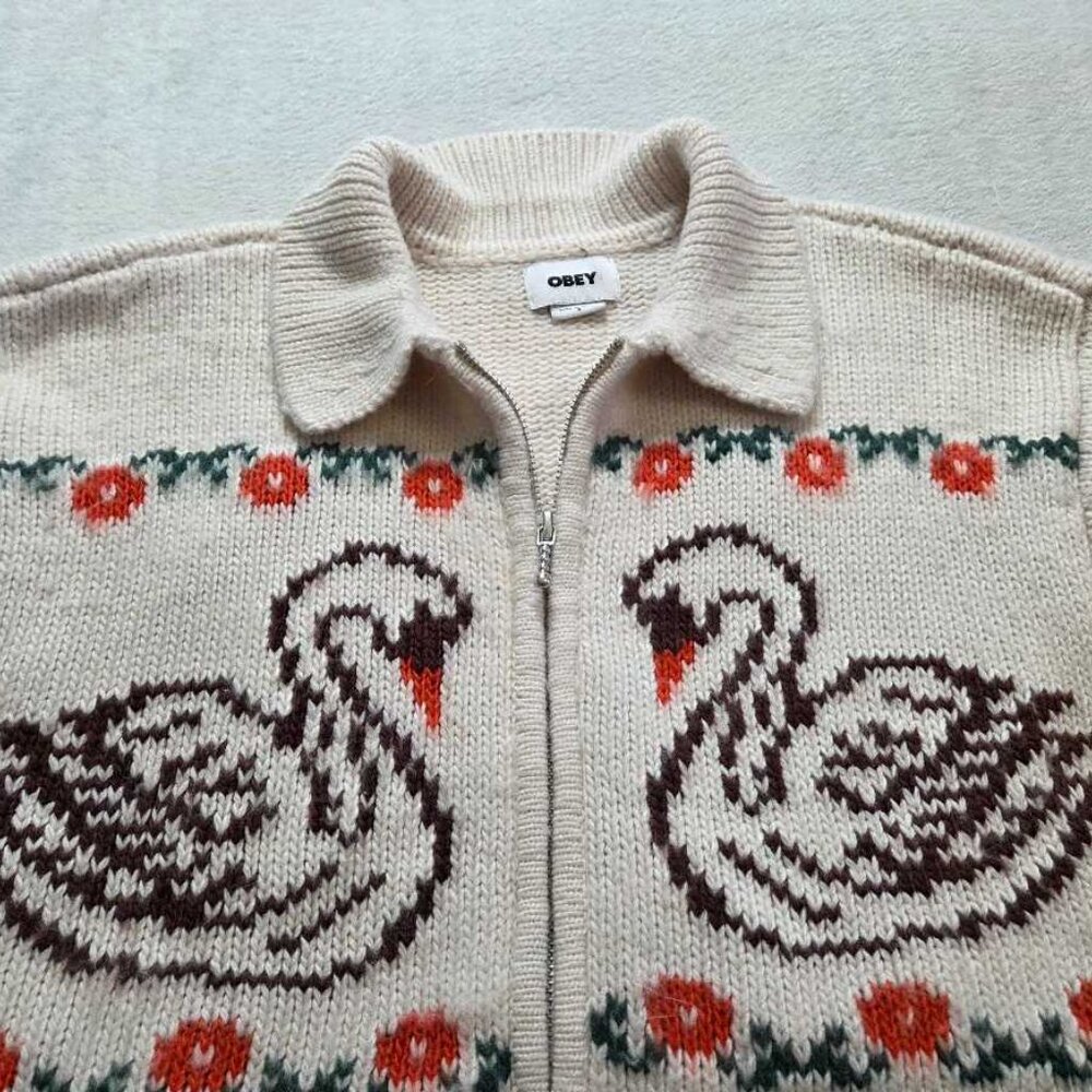 S Obey knit swans wool blend zip up cardigan sweater - Picture 4 of 15